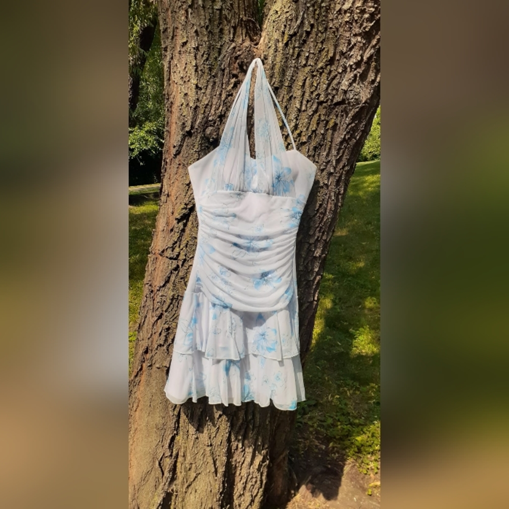 Y2k white & blue flower Halter Dress
